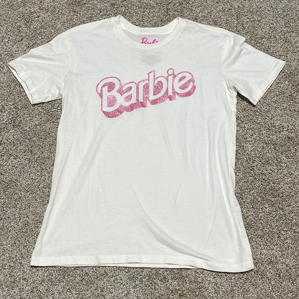 Barbie pink sparkly glitter logo t shirt. Cream color. Size small. 100% cotton.